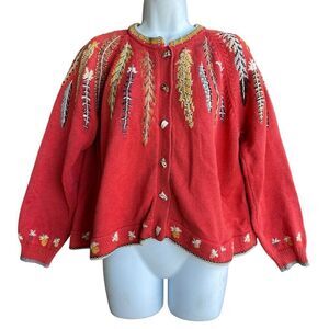 Vintage Christine Foley Cardigan Sweater Women’s 2 L Orange Feather Buttons Down